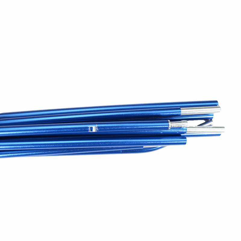 Coshee-2-Blue-Pole-Close-Up-3.png Stack of folded blue aluminium tent poles with silver ferrules aligned horizontally on a white background