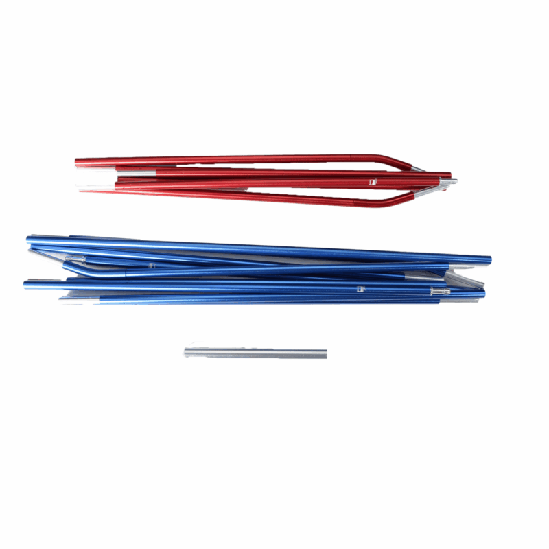 Coshee-2-Pole-Set-3.png Collapsed segmented aluminium tent poles arranged on a white background: a red set at the top, a longer blue set in the middle, and a short silver segment below.