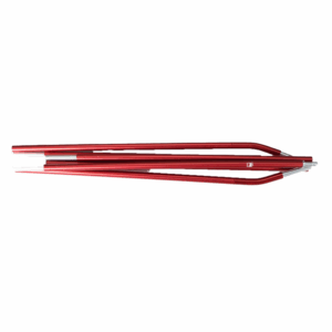 Multiple collapsed red aluminium tent poles with silver end ferrules joined by an internal elastic cord, laid horizontally on a white background.
