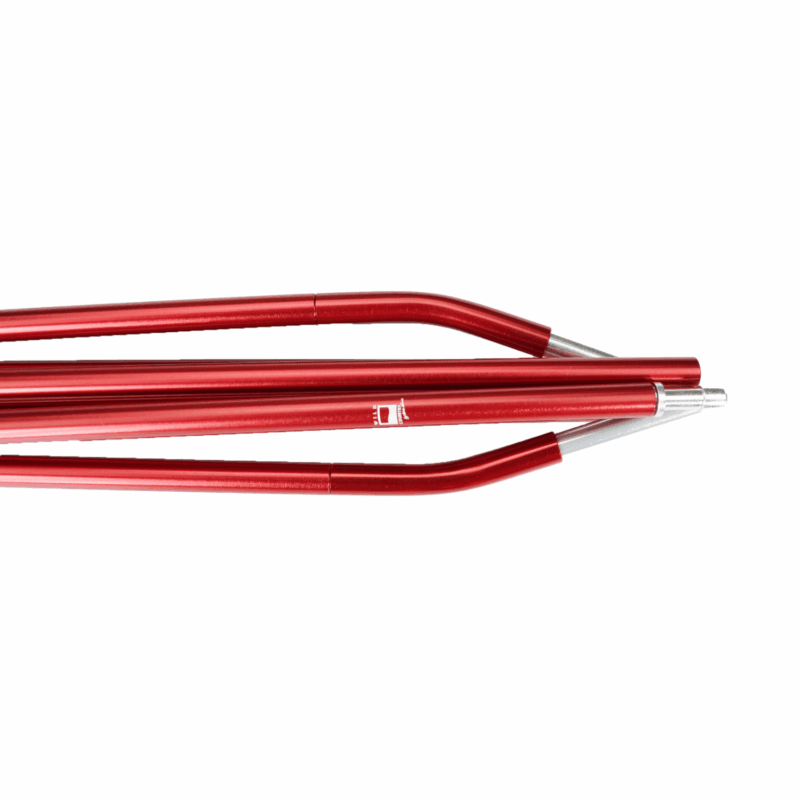 Coshee-2-Red-Pole-Close-up-3.png Collapsed metallic red tent pole sections with angled joints and silver connector tips arranged horizontally on a white background