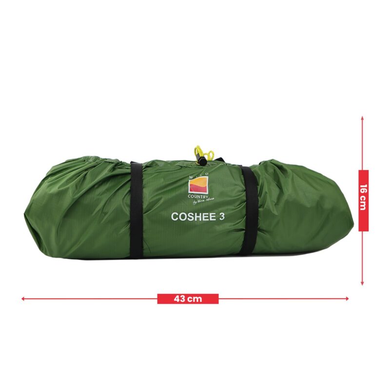 Green cylindrical packed tent bag labelled COSHEE 3 with two black compression straps and a yellow drawcord, shown on a white background with red arrows indicating 43 cm length and 16 cm height