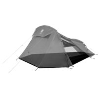 Grey dome-style camping tent with a peaked vestibule and angled front panel, mesh side window, black bathtub-style floor and multiple guy lines staked out against a white background