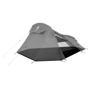 Grey dome-style camping tent with a peaked vestibule and angled front panel, mesh side window, black bathtub-style floor and multiple guy lines staked out against a white background