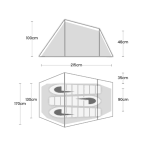 Side and top-view diagram of a tent with three sleeping mats, showing a 215 cm base width, side heights marked 100 cm at the high end and 48 cm at the low end, and plan depths marked 170 cm and 130 cm on the left and 90 cm and 35 cm on the right.