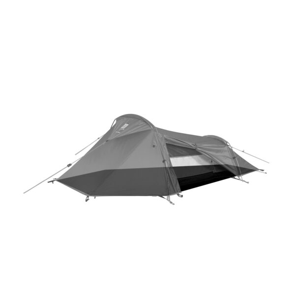 Low-profile single-person tunnel tent with a grey flysheet and open side door, supported by external poles and guy lines against a plain white background.