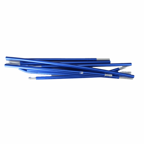 Coshee-Micro-Blue-Pole-3.png Several metallic blue segmented tent-pole sections with silver end connectors laid overlapping on a white background