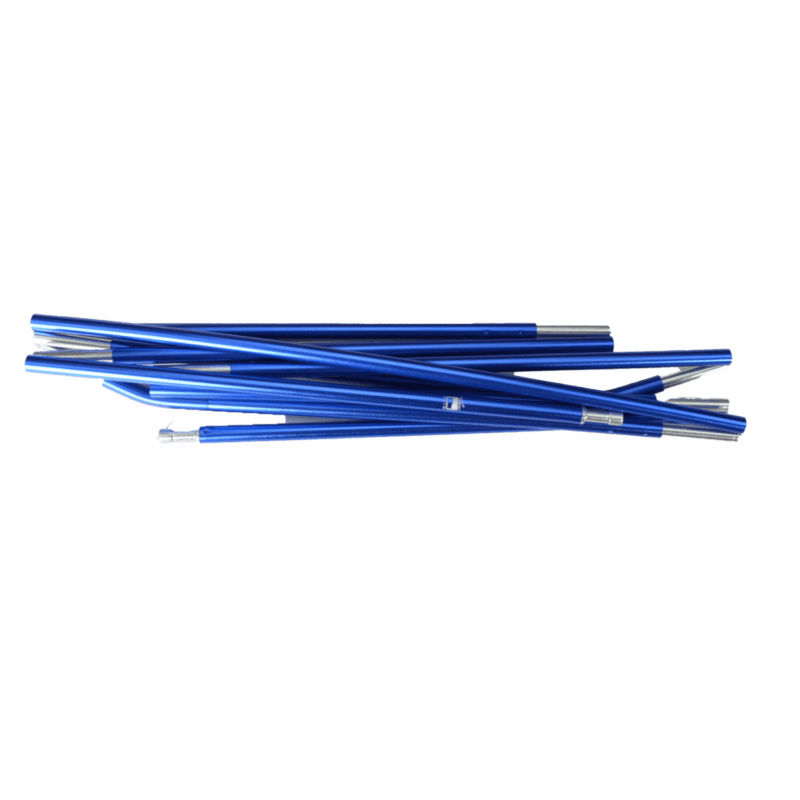 Coshee-Micro-Blue-Pole-3.png Several metallic blue segmented tent-pole sections with silver end connectors laid overlapping on a white background