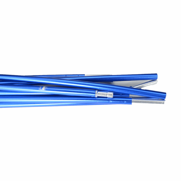Coshee-Micro-Blue-Pole-Close-Up-3.png A bundle of metallic blue collapsible tent poles with silver ferrule connectors arranged horizontally against a white background.