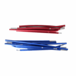 Two bundles of segmented aluminium tent poles, one red and one blue, with metal ferrule connectors arranged on a white background.