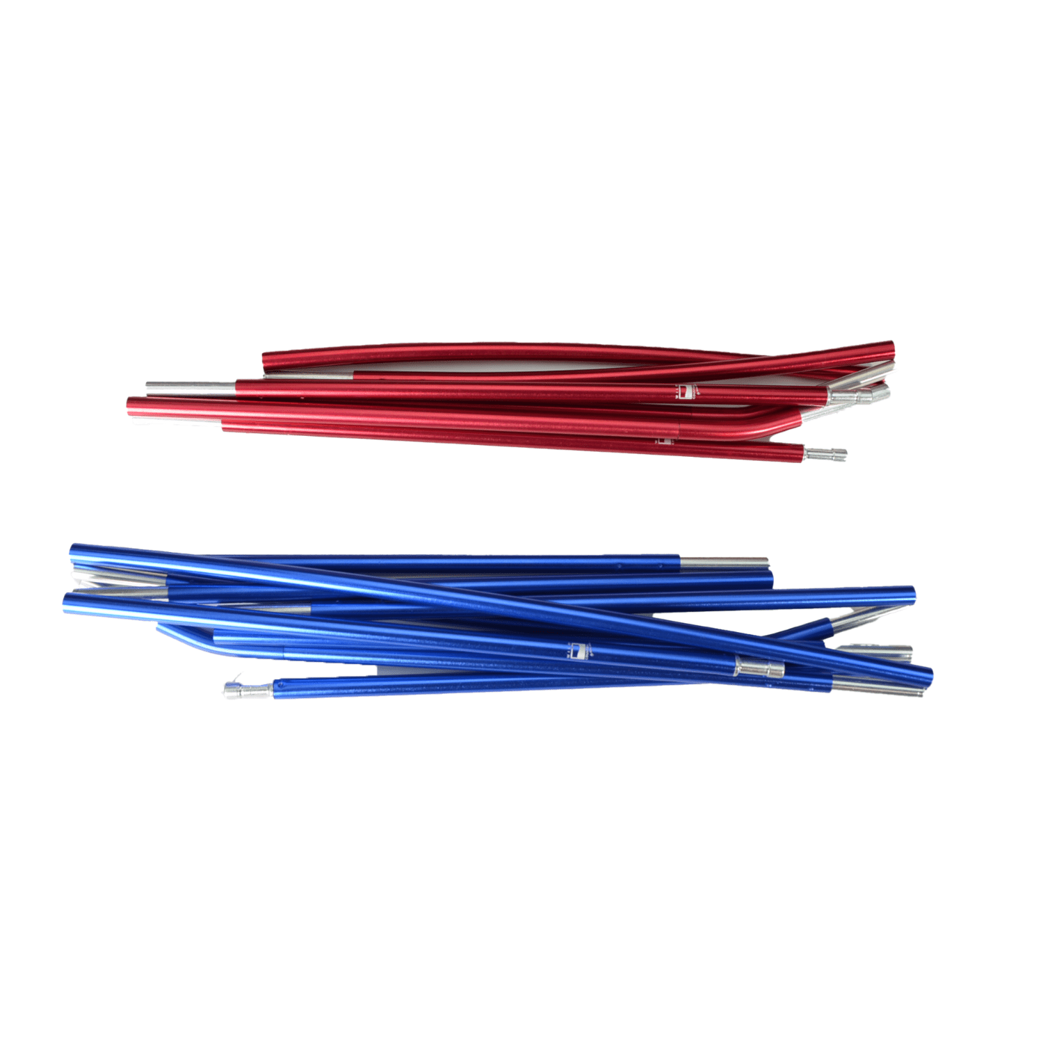 Coshee-Micro-Pole-Set-3.png Two bundles of segmented aluminium tent poles, one red and one blue, with metal ferrule connectors arranged on a white background.