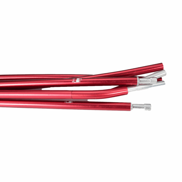 Coshee-Micro-Red-Pole-Close-Up-3.png Several red anodised aluminium tent poles with silver metal ferrules stacked horizontally against a white background.