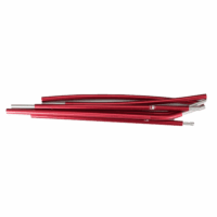 Several red anodised aluminium tent pole sections with silver metal ferrules stacked together on a plain white background.