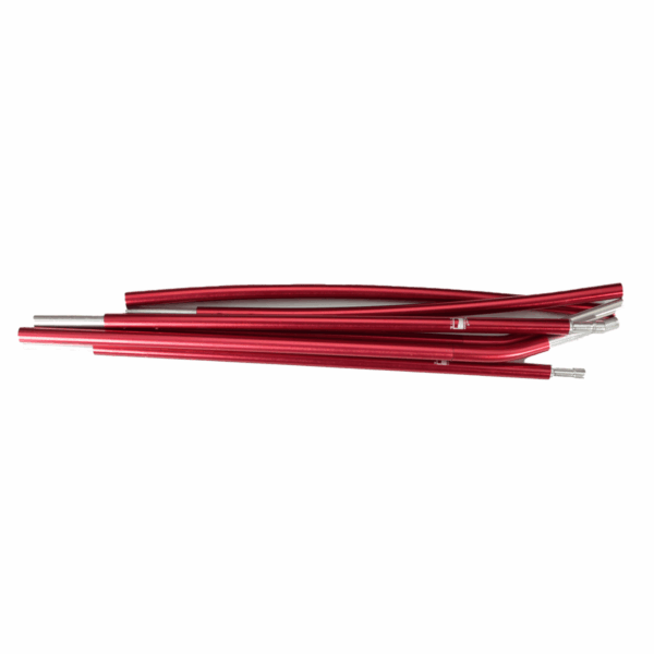 Coshee-Micro-red-Pole-3.png Several red anodised aluminium tent pole sections with silver metal ferrules stacked together on a plain white background.