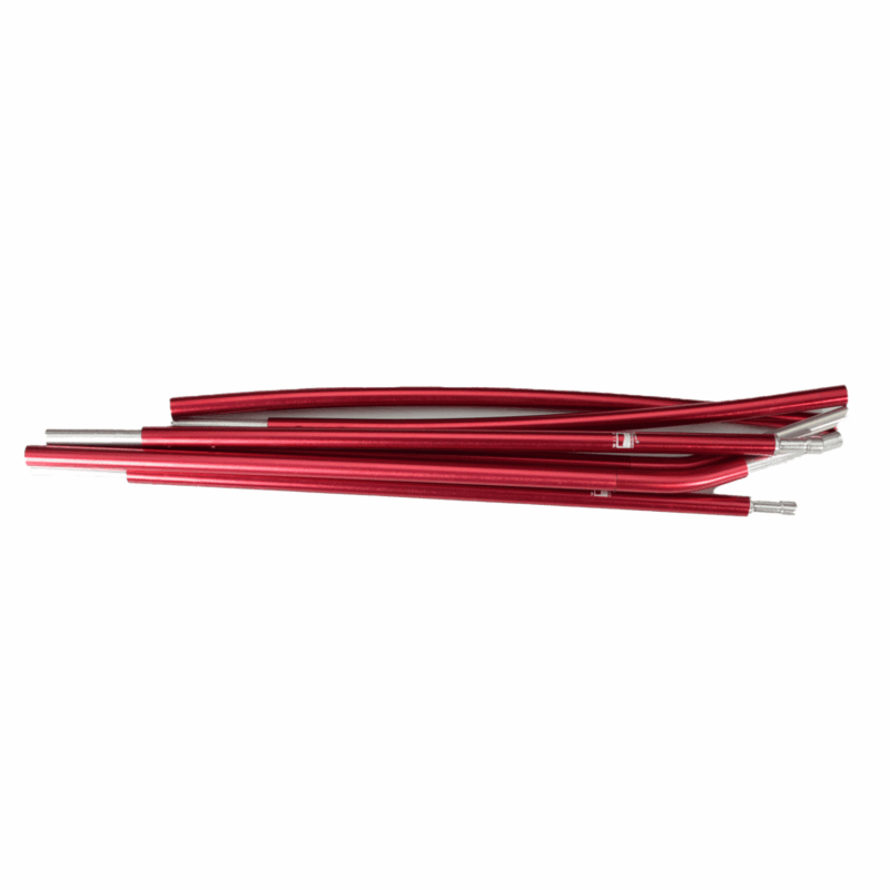 Coshee-Micro-red-Pole-3.png Several red anodised aluminium tent pole sections with silver metal ferrules stacked together on a plain white background.