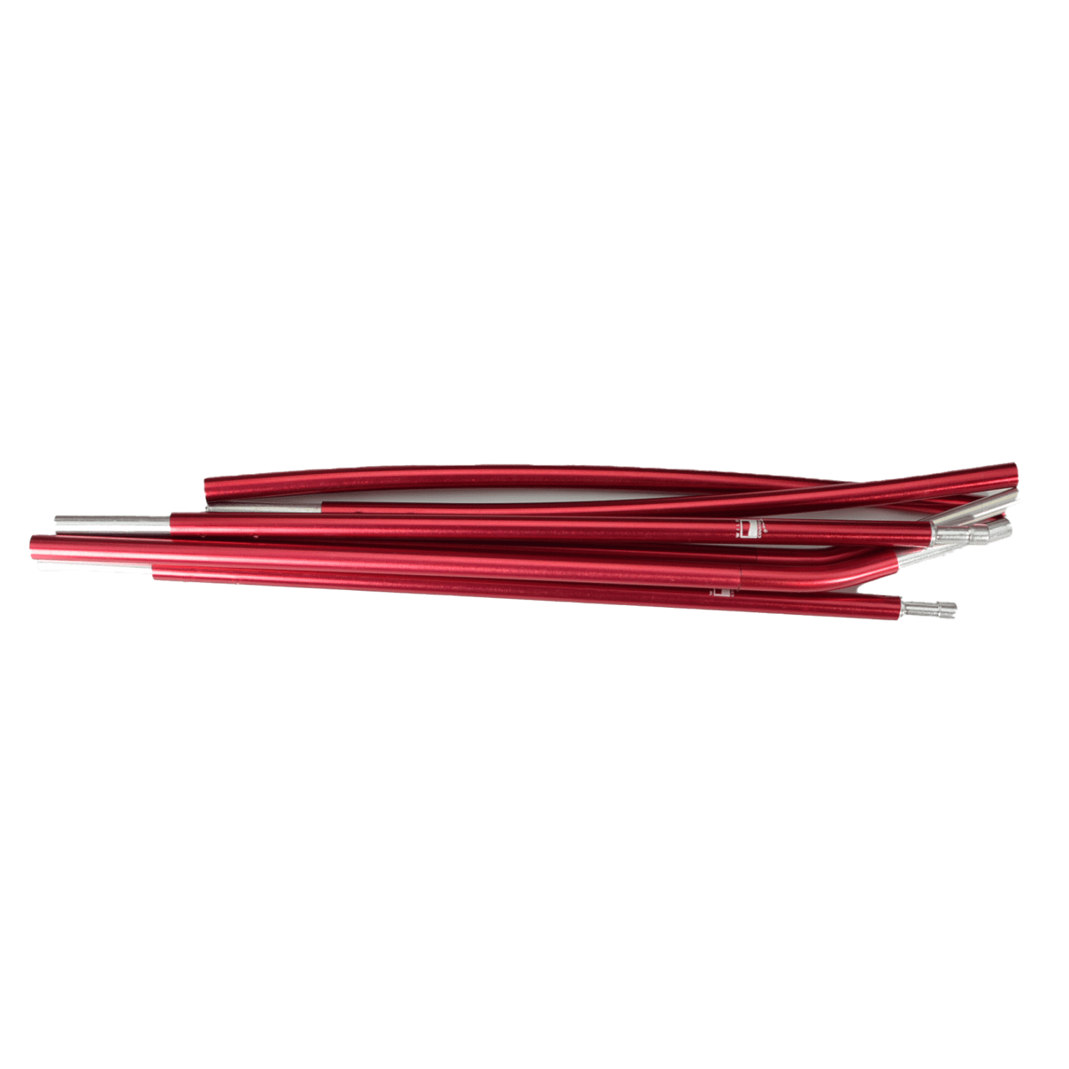 Several red anodised aluminium tent pole sections with silver metal ferrules stacked together on a plain white background.