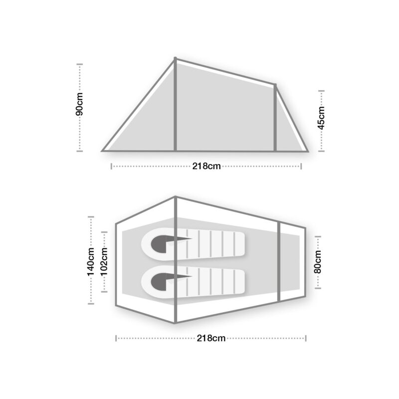 Schematic diagrams of a two-person tent showing dimensions: side view 218 cm long with a central peak about 90 cm high tapering to 45 cm at the ends, and a top-down plan with two sleeping bags inside 218 cm long, roughly 140 cm wide at the head, about 102 cm inner sleeping width and an 80 cm narrow foot section.