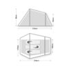 Coshee31500x1500px-1.jpg Technical drawing of a three-person tent showing side and top views with overall length 218 cm, peak interior height 95 cm tapering to 50 cm at one end, and interior widths of about 170 cm and 150 cm, with three sleeping bags arranged inside.