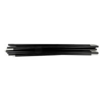 Bundle of black segmented tent poles with silver metal ferrules aligned horizontally on a white background.