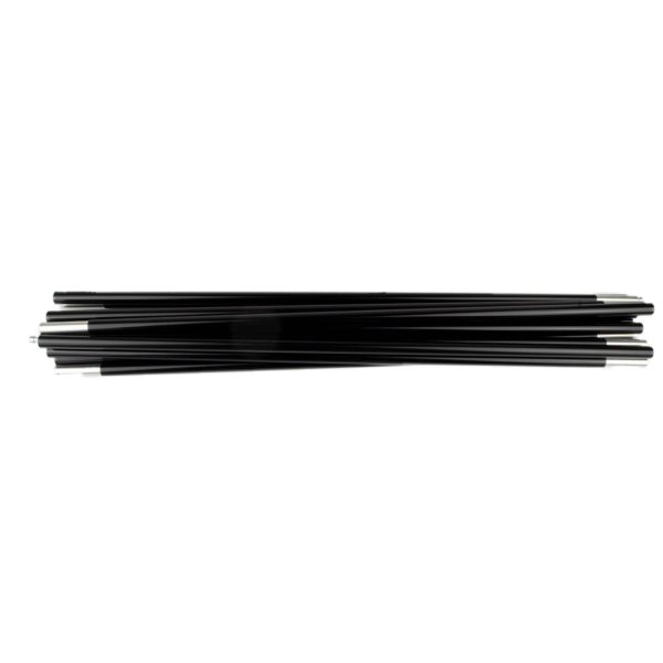 Bundle of black segmented tent poles with silver metal ferrules aligned horizontally on a white background.