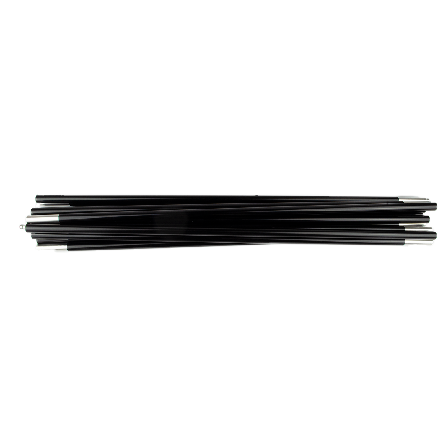 Bundle of black segmented tent poles with silver metal ferrules aligned horizontally on a white background.