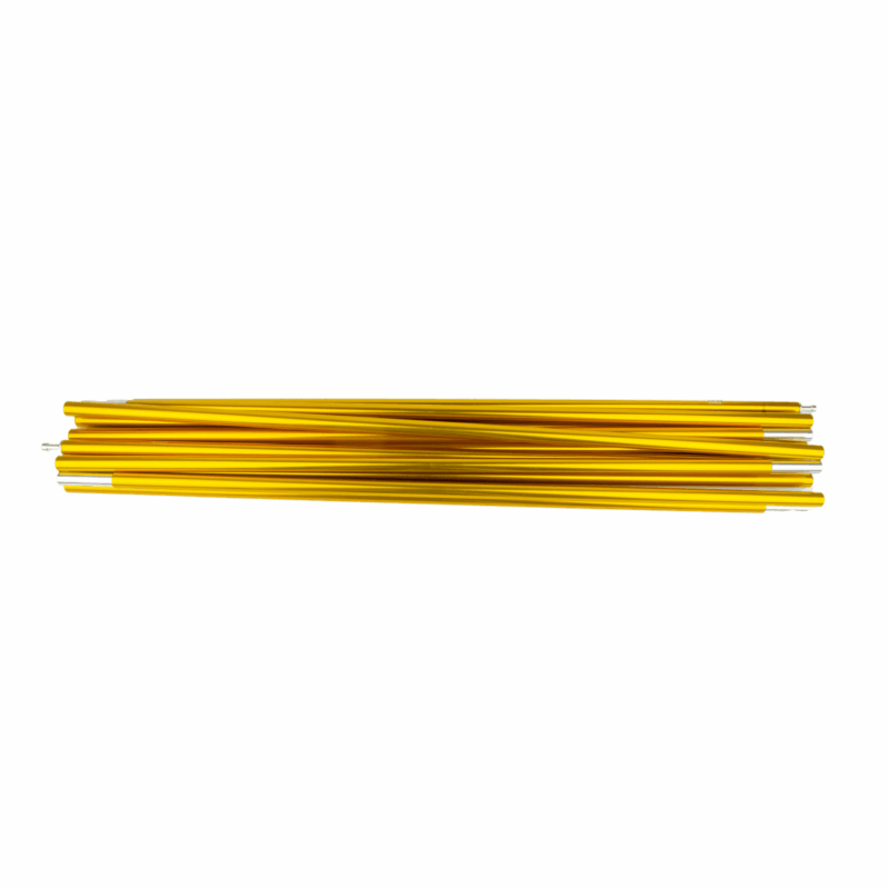 Cosmos-Gold-Pole-3.png A bundle of slender gold-coloured aluminium poles with silver connector tips, stacked horizontally on a plain white background.