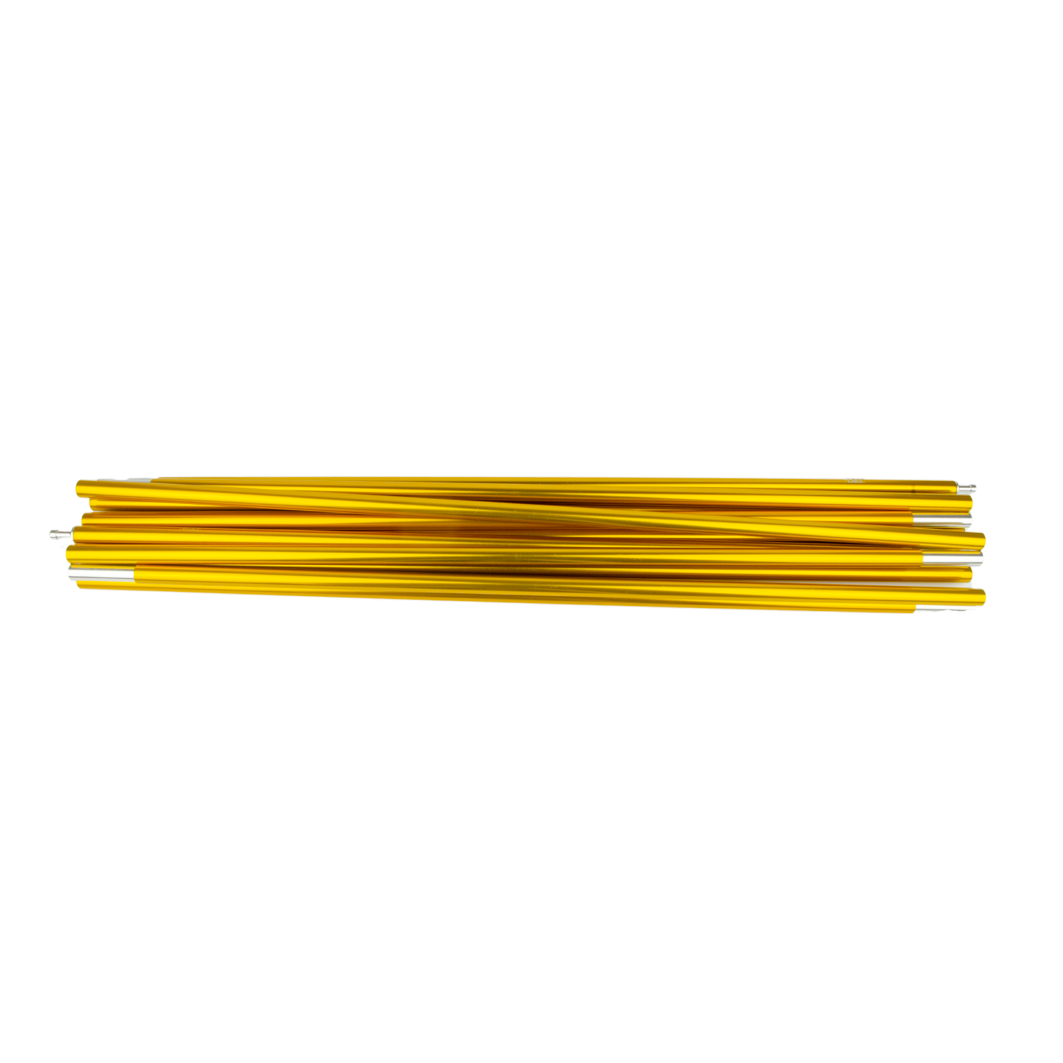 Cosmos-Gold-Pole-3.png A bundle of slender gold-coloured aluminium poles with silver connector tips, stacked horizontally on a plain white background.