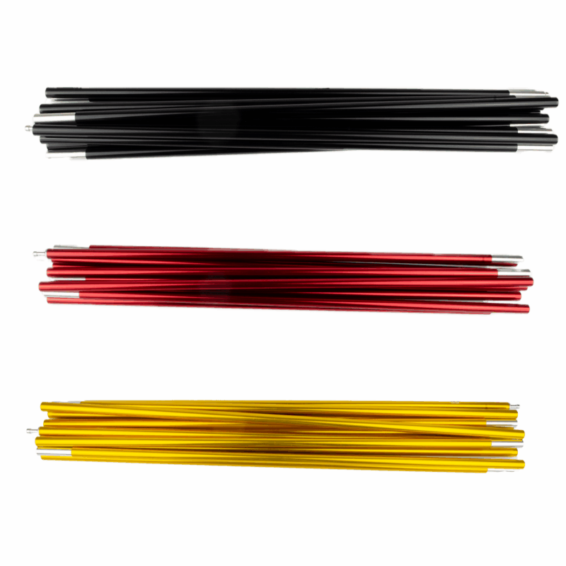 Cosmos-Pole-Set-3.png Three horizontal bundles of glossy, segmented aluminium tent pole sections—black at the top, red in the middle and yellow at the bottom—laid on a plain white background.