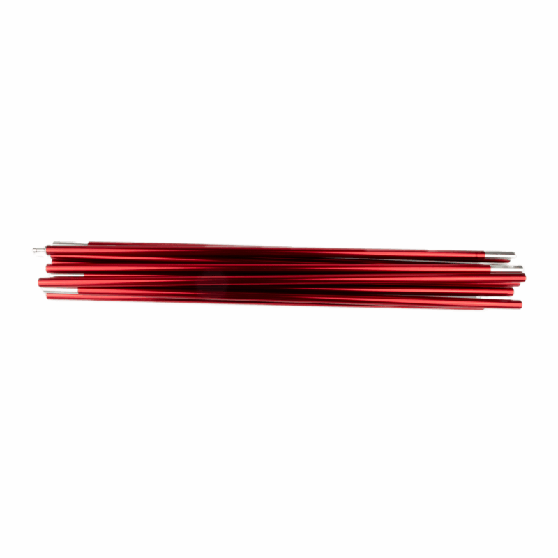 Cosmos-Red-Pole-3.png A stack of red aluminium tent pole sections with silver connector tips arranged horizontally on a white background.