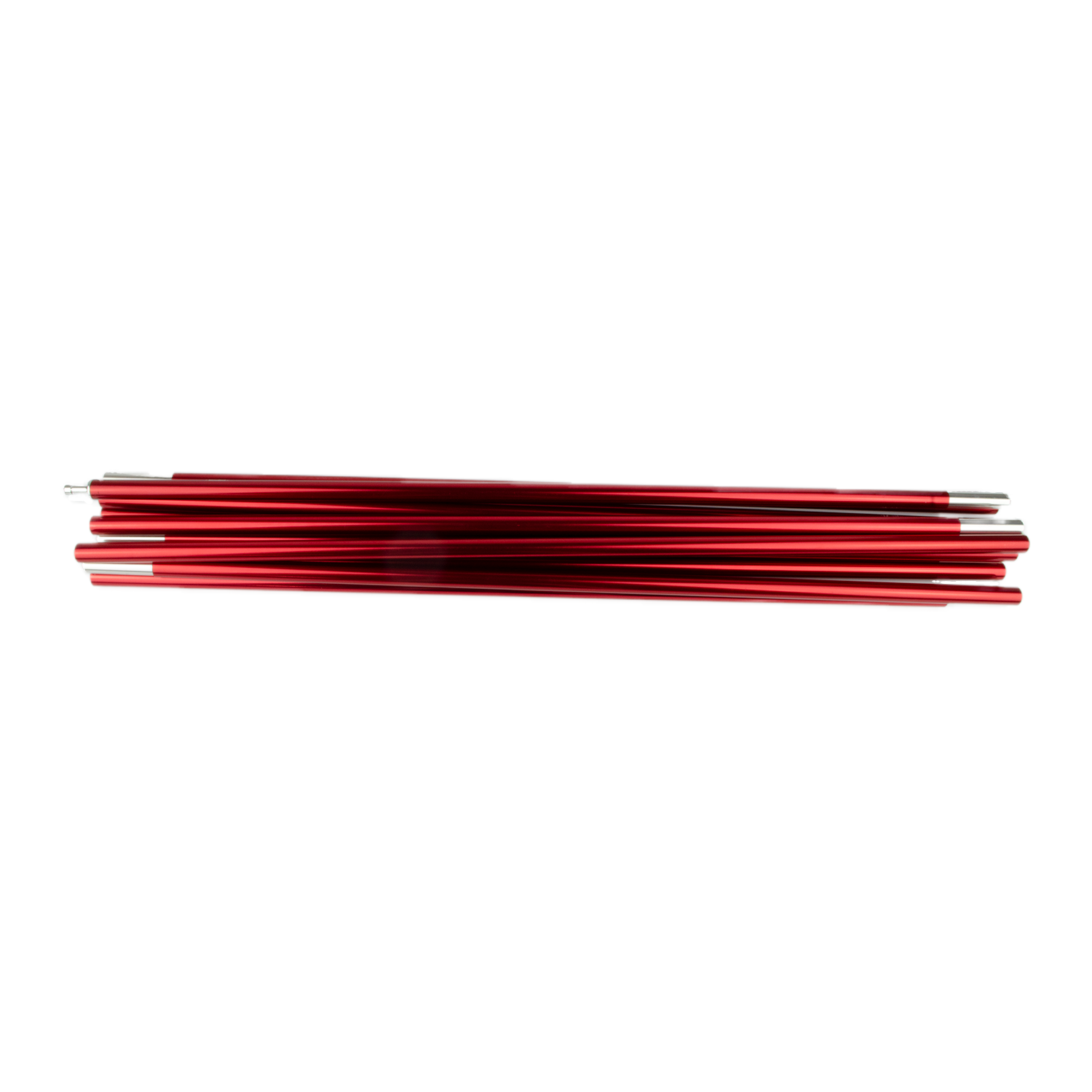 Cosmos-Red-Pole-3.png A stack of red aluminium tent pole sections with silver connector tips arranged horizontally on a white background.