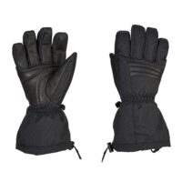 Pair of black insulated winter gloves with leather palms and reinforced panels, elasticated wrists and long gauntlet cuffs with drawcords, shown palm-up (left) and back-up (right) on a white background.