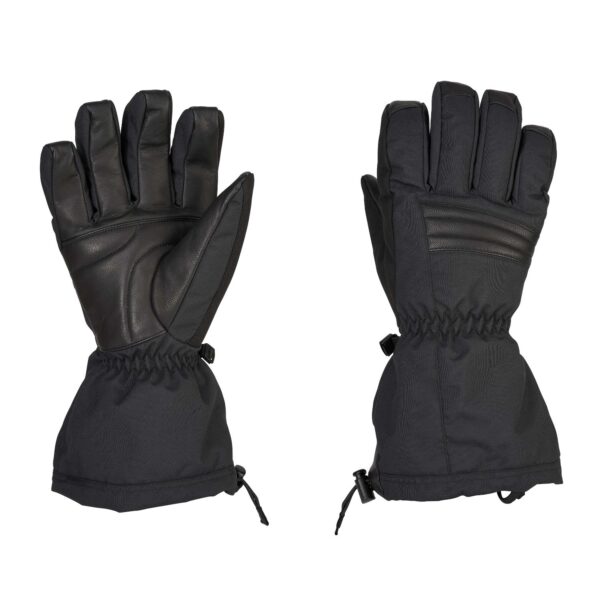 Defence-Glove-Front-Back-Terra-Nova-1-3.jpg Pair of black insulated winter gloves with leather palms and reinforced panels, elasticated wrists and long gauntlet cuffs with drawcords, shown palm-up (left) and back-up (right) on a white background.
