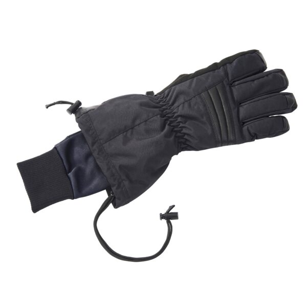 Defence-Glove-Inner-Outer_1500px_72dpi-3.jpg Single black insulated winter glove with an extended gauntlet cuff, elasticated wrist, padded fingers and a drawcord with cord lock, shown on a white background.