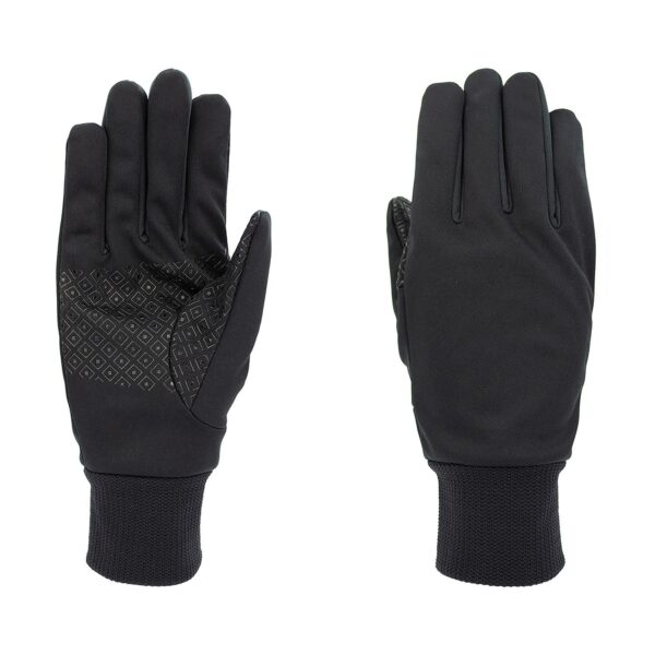 Defence-Inner-Glove-Palm-and-Back_1500px_72dpi-3.jpg Pair of black gloves laid flat on a white background — left glove palm-up showing a textured diamond grip pattern and ribbed knitted cuff, right glove back-up with smooth fabric and matching cuff.