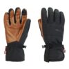 Drax-Glove-Palm-and-Back_1500px_72dpi-3.jpg Pair of insulated winter gloves with brown leather palms and black fabric backs, elasticated wrist cuffs, reinforced black fingertips and a small clip to fasten the gloves together.