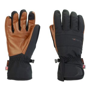 Drax-Glove-Palm-and-Back_1500px_72dpi-3.jpg Pair of insulated winter gloves with brown leather palms and black fabric backs, elasticated wrist cuffs, reinforced black fingertips and a small clip to fasten the gloves together.