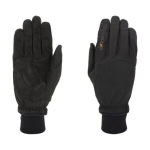 Eco-Active-Glove-Palm-and-Back_1500px_300dpi-3.jpg Two black gloves laid flat side-by-side — left shows a suede-like padded palm with grip stitching and elastic wrist, right shows a textured back with a small orange-and-grey "extremities" logo and a knitted cuff.