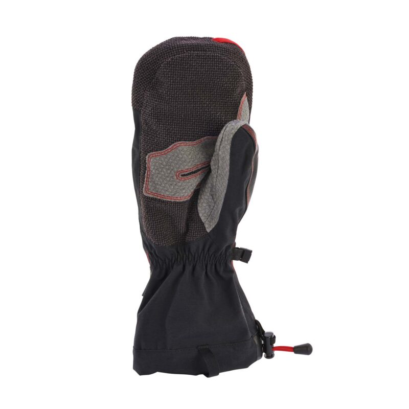 Eiger-Mitt-palm-1.jpg Black insulated mitten with a textured grey palm patch outlined in red stitching, elasticated long cuff and red toggle drawcord