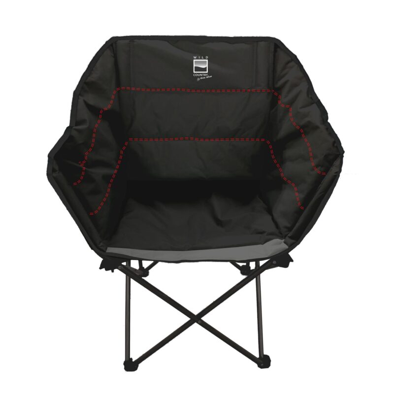 Elvaston-Chair-WEB-1.jpg Black octagonal folding camping chair with padded bucket seat, red dashed stitching outlines on the interior and a small Wild Country logo at the top, supported by crossed black metal legs.