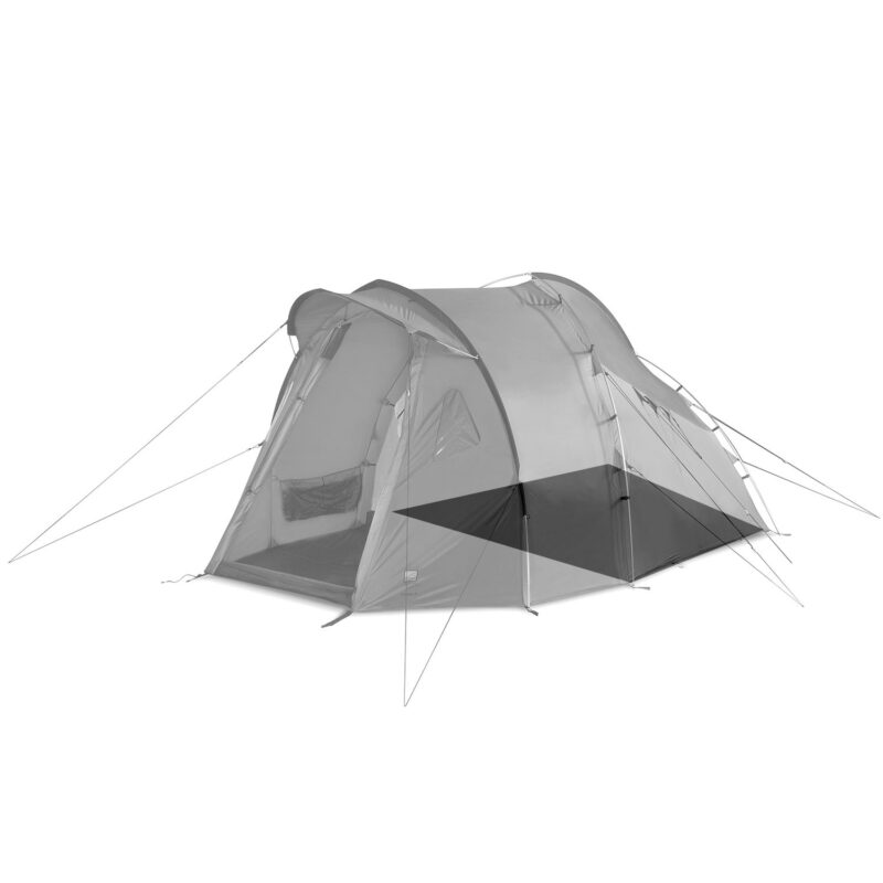 Etesian-4-GSP-1.jpg Large tunnel-style family tent with multiple arched poles, an open mesh front entrance and extended guy lines staked out for stability.