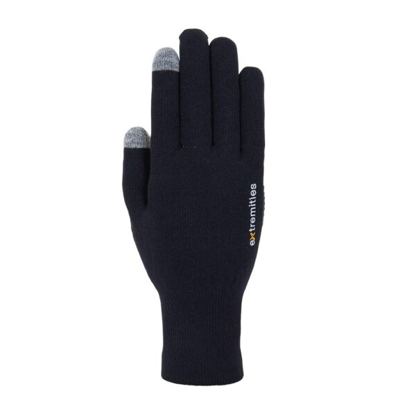 Single black knitted glove shown palm-down with grey touchscreen tips on the thumb and index finger and a vertical white-and-yellow "extremities" logo on the back.
