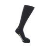 Black knee-high sock with a ribbed cuff and an Extremities logo in white and yellow on the sole, shown on a plain white background.