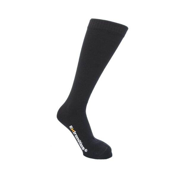 Black knee-high sock with a ribbed cuff and an Extremities logo in white and yellow on the sole, shown on a plain white background.