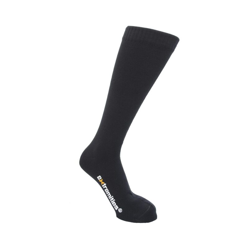 Evolution-Long-Socks_1500px_300dpi-3.jpg Black knee-high sock with a ribbed cuff and an Extremities logo in white and yellow on the sole, shown on a plain white background.