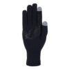 Black knit glove with ribbed wrist cuff, grey touchscreen-compatible tips on the thumb and index finger and raised chevron-pattern grippy lines across the palm