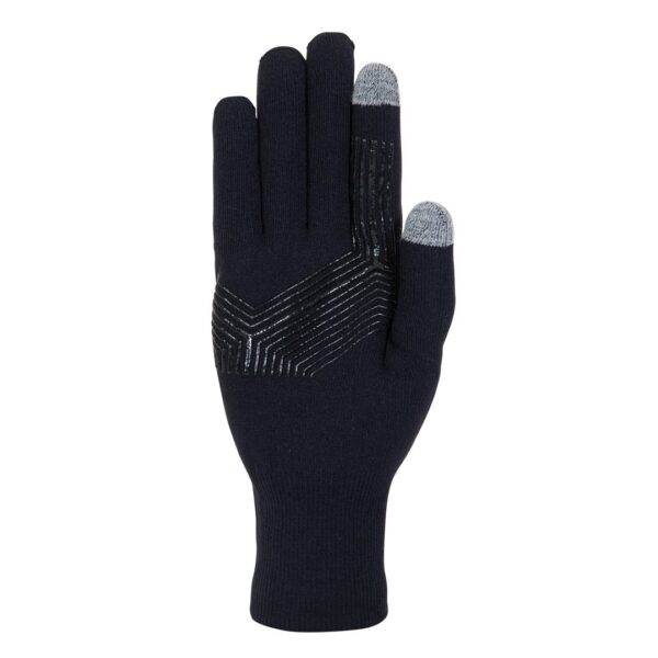 Black knit glove with ribbed wrist cuff, grey touchscreen-compatible tips on the thumb and index finger and raised chevron-pattern grippy lines across the palm