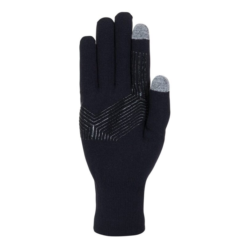 Black knit glove with ribbed wrist cuff, grey touchscreen-compatible tips on the thumb and index finger and raised chevron-pattern grippy lines across the palm