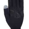 Close-up of a dark navy knitted glove with a grey touchscreen tip on the thumb and glossy black chevron grip lines across the palm on a white background.