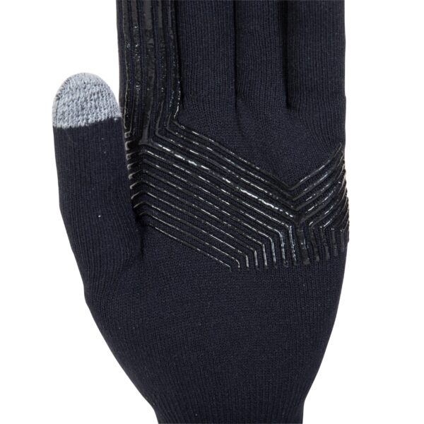 Close-up of a dark navy knitted glove with a grey touchscreen tip on the thumb and glossy black chevron grip lines across the palm on a white background.