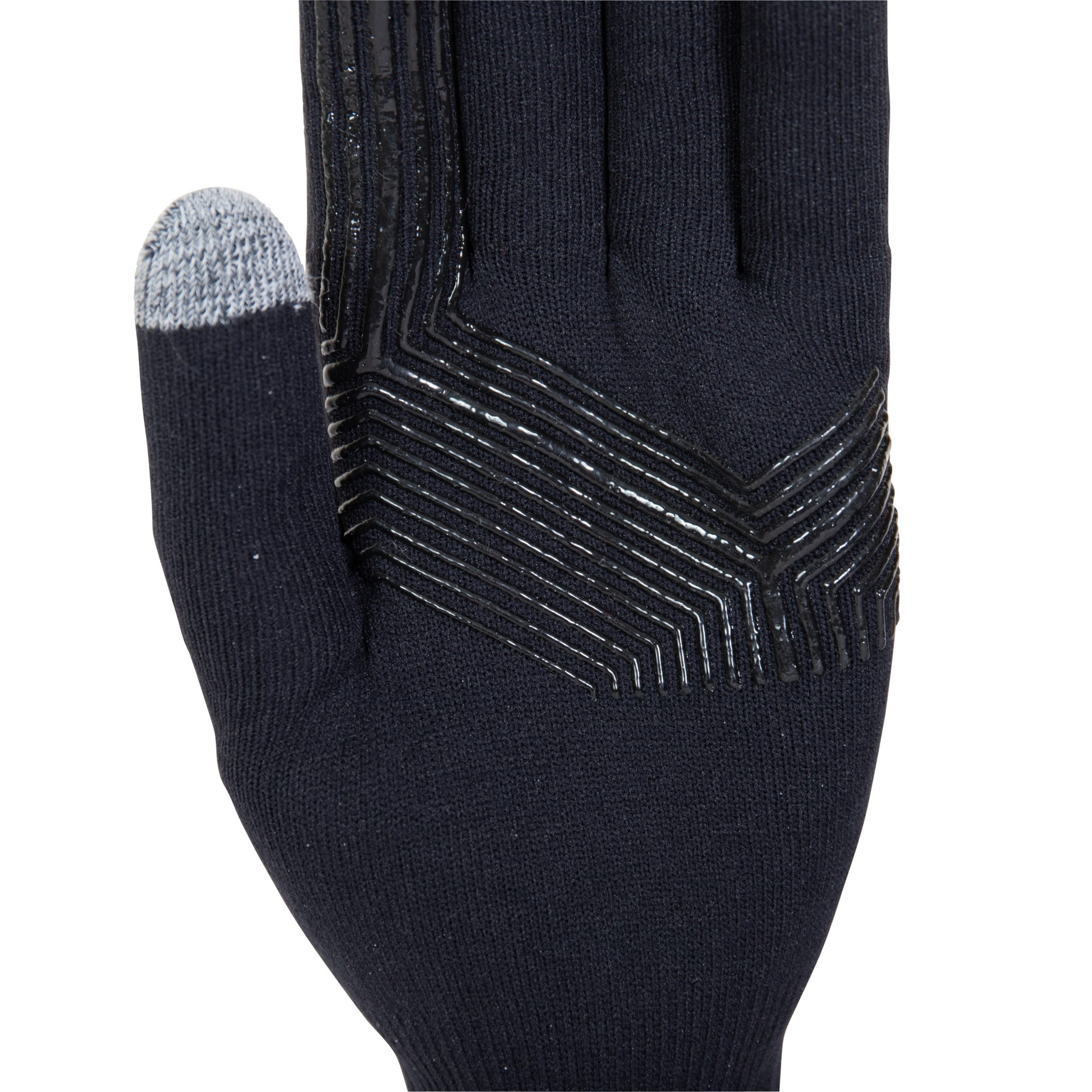 Close-up of a dark navy knitted glove with a grey touchscreen tip on the thumb and glossy black chevron grip lines across the palm on a white background.