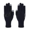 Pair of black knit touchscreen gloves on a white background, left glove palm-up showing a black silicone chevron grip and grey conductive tips on thumb and index, right glove back-up displaying a small extremities logo and grey conductive fingertips.